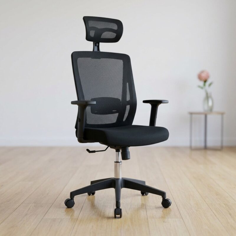 Ergonomic black mesh office chair with adjustable headrest, lumbar support, and breathable backrest on a chrome base, perfect for home office productivity and back pain relief.