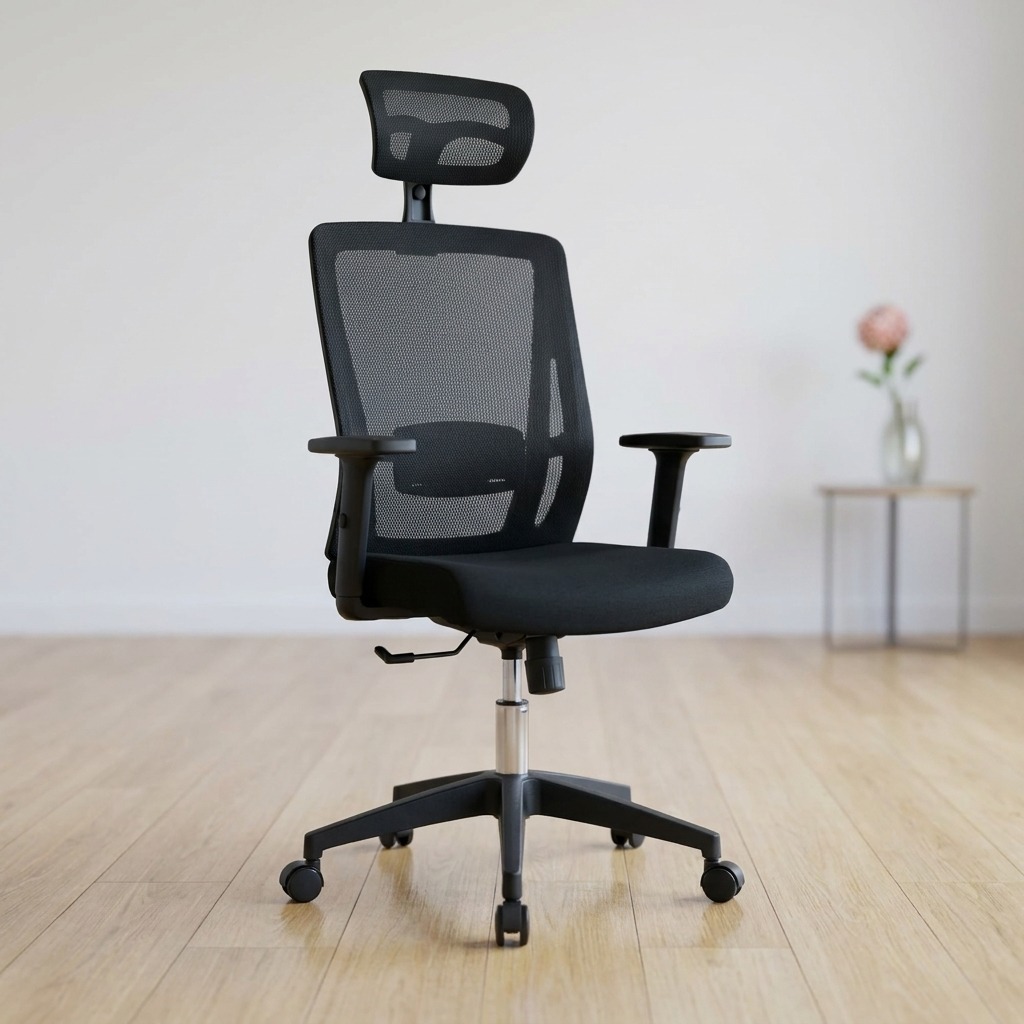 Ergonomic black mesh office chair with adjustable headrest, lumbar support, and breathable backrest on a chrome base, perfect for home office productivity and back pain relief.