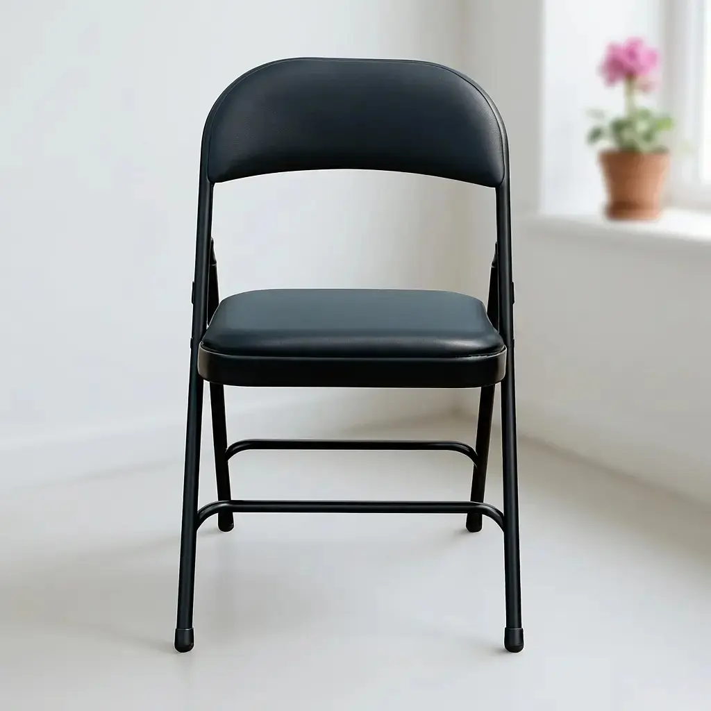 Elevate your workspace with this premium black leather foldable chair, where executive style meets space-saving efficiency. Designed for modern professionals, it combines a sleek, photorealistic aesthetic with high-quality padding for a seating solution that is as comfortable as it is versatile. Perfect for high-end offices or stylish guest seating, it offers a sophisticated finish that folds away in seconds without compromising on luxury.