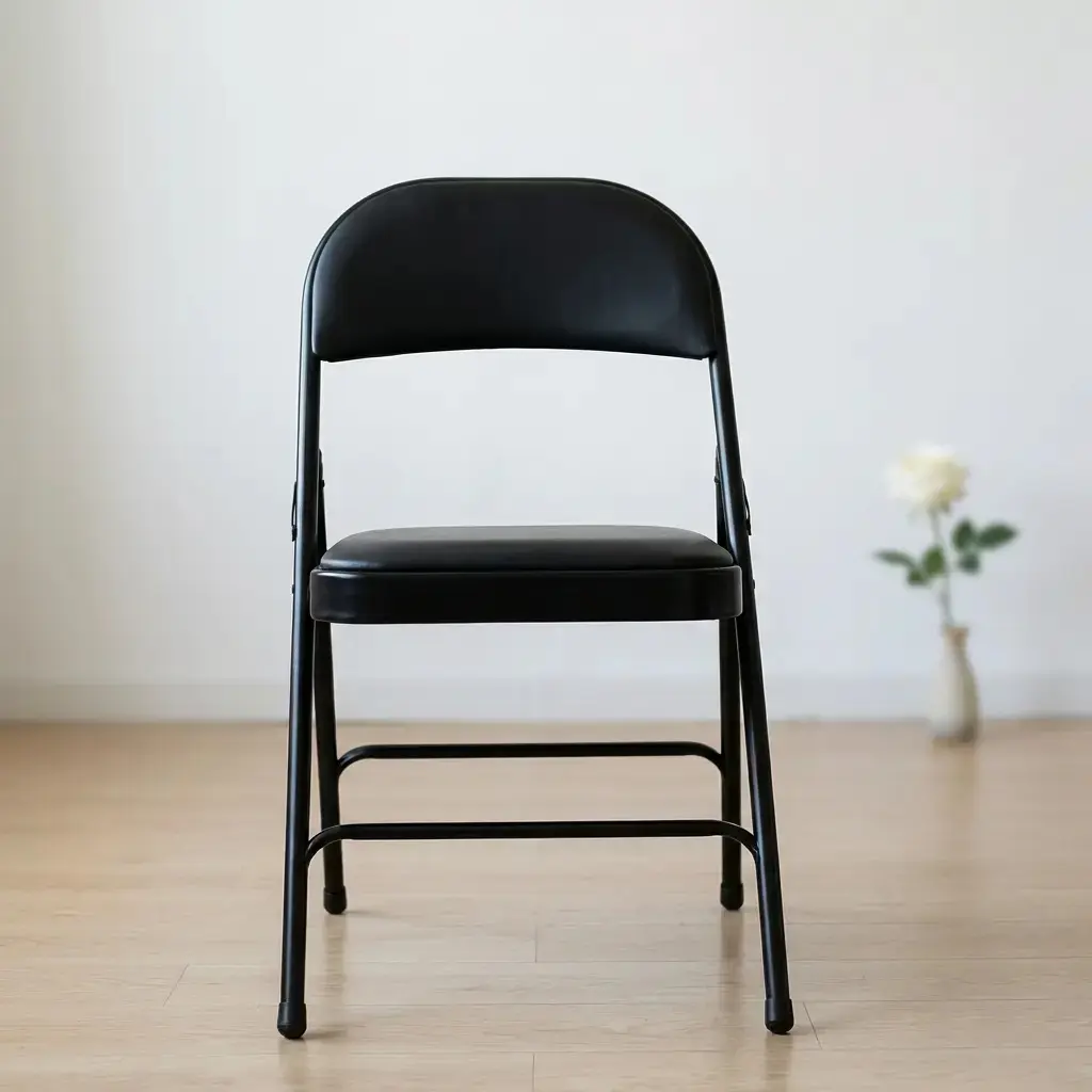 Elevate your workspace with this premium black leather foldable chair, where executive style meets space-saving efficiency. Designed for modern professionals, it combines a sleek, photorealistic aesthetic with high-quality padding for a seating solution that is as comfortable as it is versatile. Perfect for high-end offices or stylish guest seating, it offers a sophisticated finish that folds away in seconds without compromising on luxury.