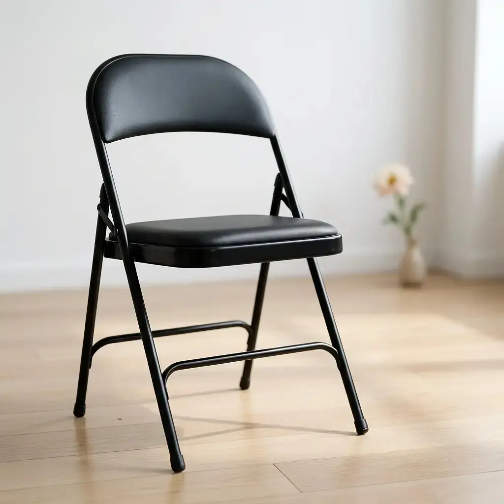 Elevate your workspace with this premium black leather foldable chair, where executive style meets space-saving efficiency. Designed for modern professionals, it combines a sleek, photorealistic aesthetic with high-quality padding for a seating solution that is as comfortable as it is versatile. Perfect for high-end offices or stylish guest seating, it offers a sophisticated finish that folds away in seconds without compromising on luxury.