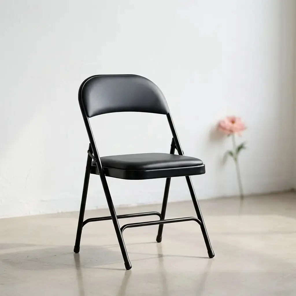 Elevate your workspace with this premium black leather foldable chair, where executive style meets space-saving efficiency. Designed for modern professionals, it combines a sleek, photorealistic aesthetic with high-quality padding for a seating solution that is as comfortable as it is versatile. Perfect for high-end offices or stylish guest seating, it offers a sophisticated finish that folds away in seconds without compromising on luxury.