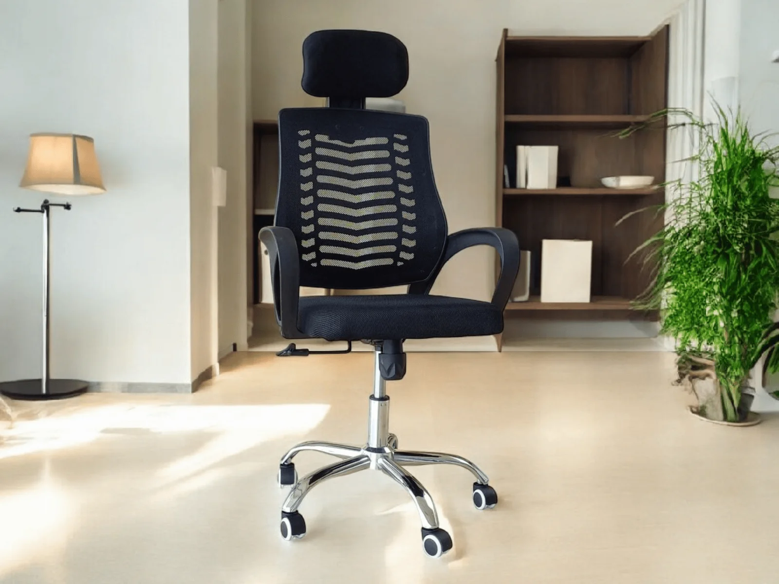 High-back ergonomic mesh office chair with adjustable headrest, chrome swivel base, and lumbar support.