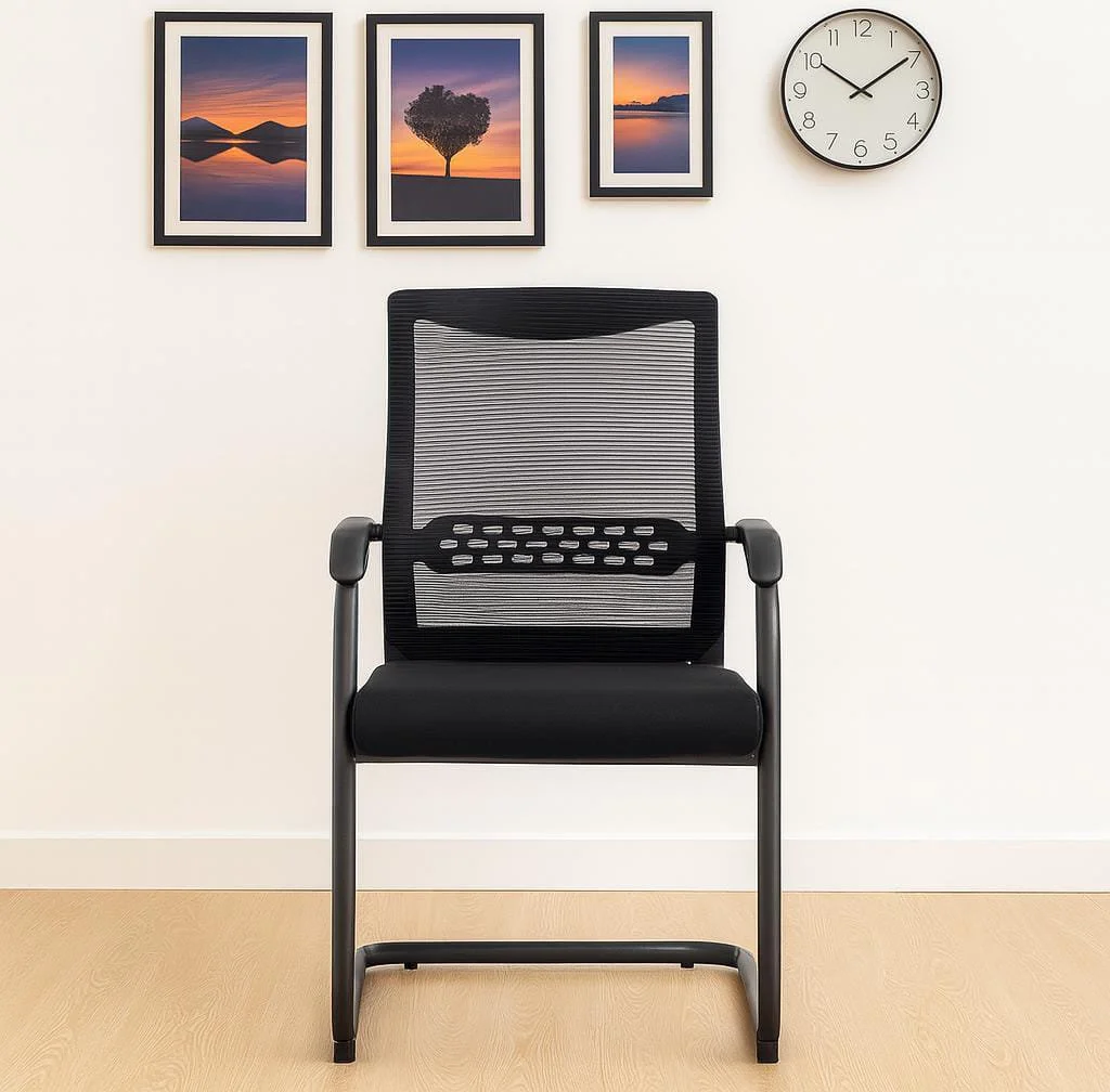Mid-back mesh waiting chair featuring a rectangular black mesh backrest with a perforated horizontal lumbar support band, fixed curved armrests, a padded black fabric seat, and a black metal cantilever sled base.