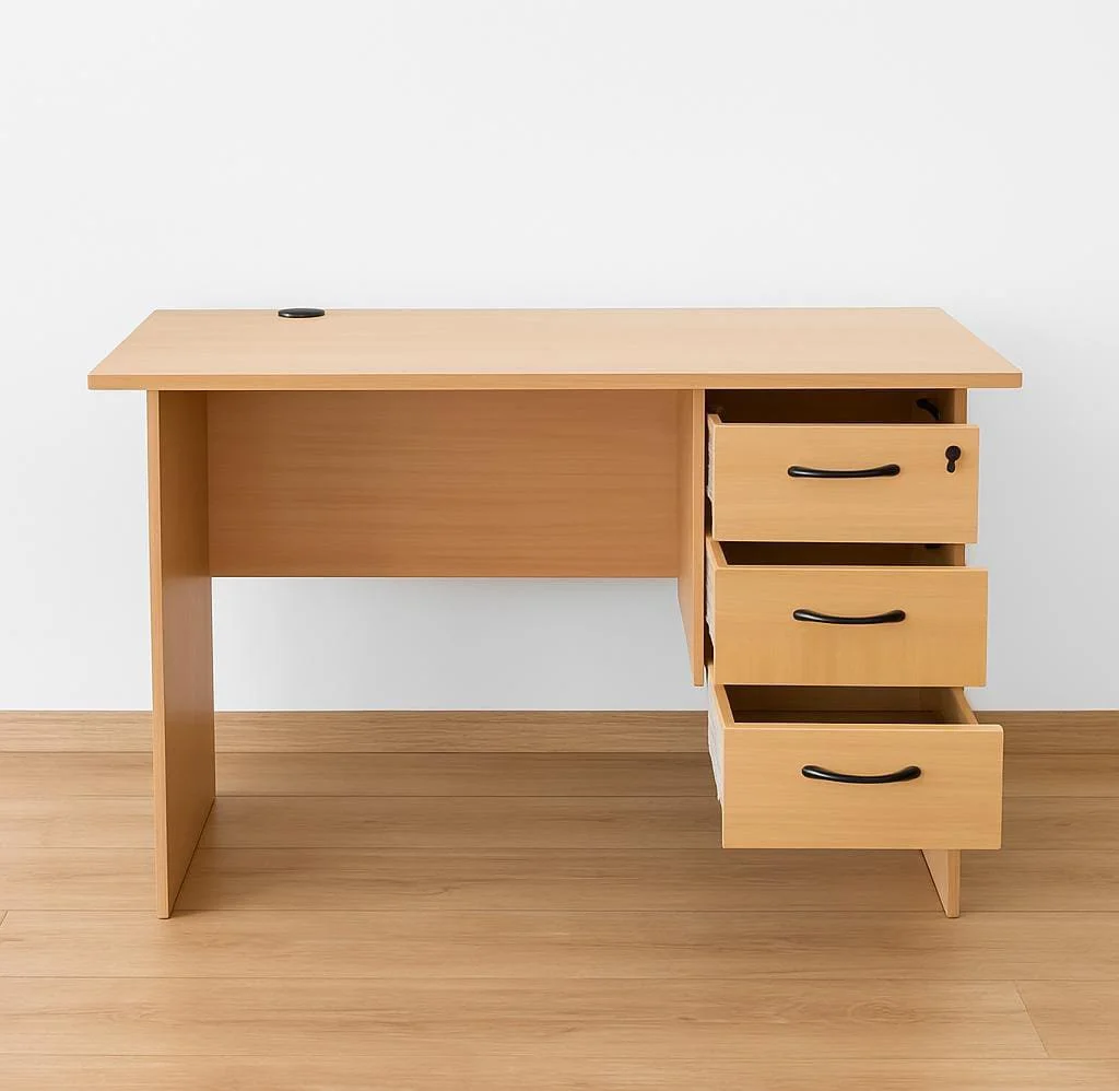 1.2m oak wood office study desk with three locking drawers and integrated cable management grommet.