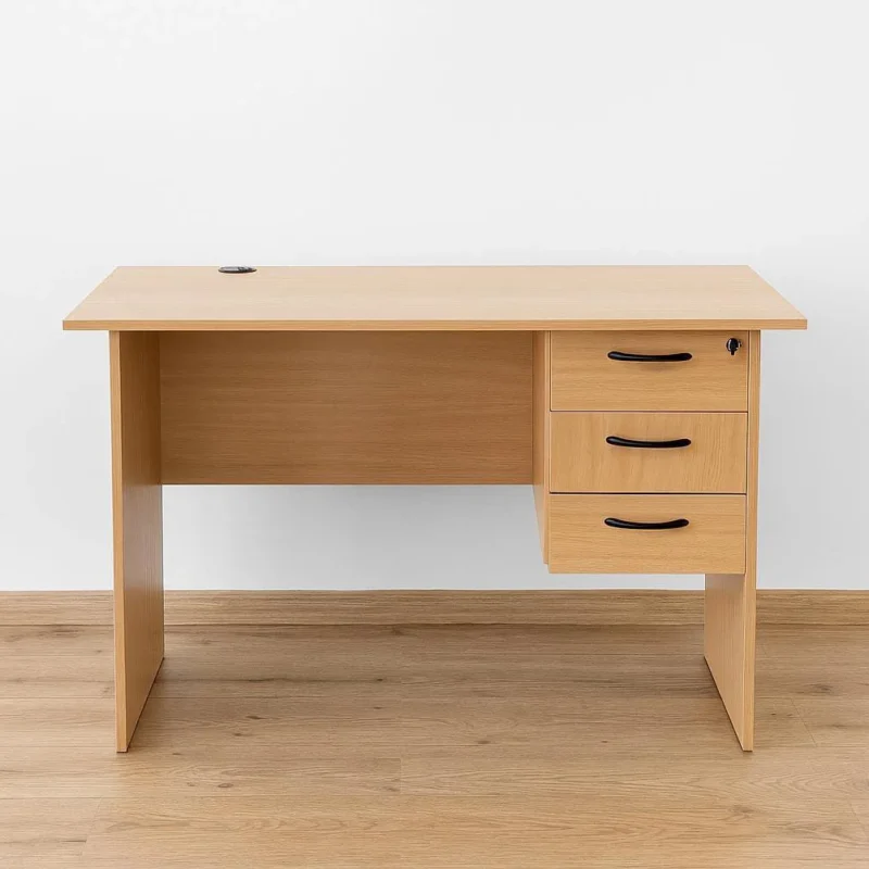 1.2m oak wood office study desk with three locking drawers and integrated cable management grommet.
