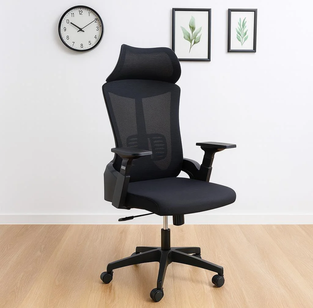 Ergonomic high-back office chair with breathable mesh backrest, adjustable headrest, and lumbar support, featuring a black fabric seat and swivel base for professional workspaces.
