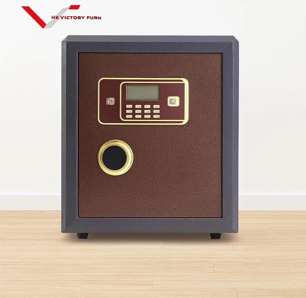 50kg fireproof safe with a heavy-duty dark brown steel casing, featuring a slightly open light brown door, an electronic digital keypad with an LCD display, a master key override lock, an emergency power key, and a gold-trimmed handle.