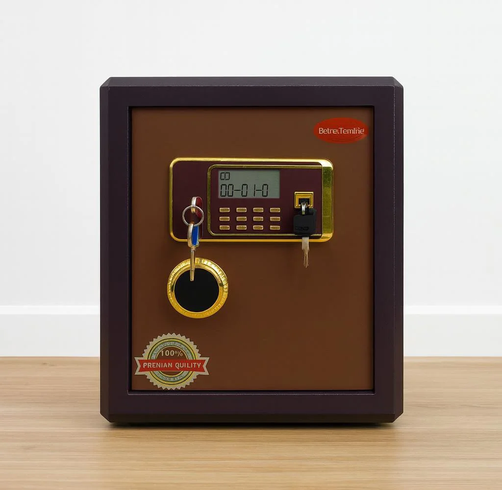 50kg fireproof safe with a heavy-duty dark brown steel casing, featuring a slightly open light brown door, an electronic digital keypad with an LCD display, a master key override lock, an emergency power key, and a gold-trimmed handle.
