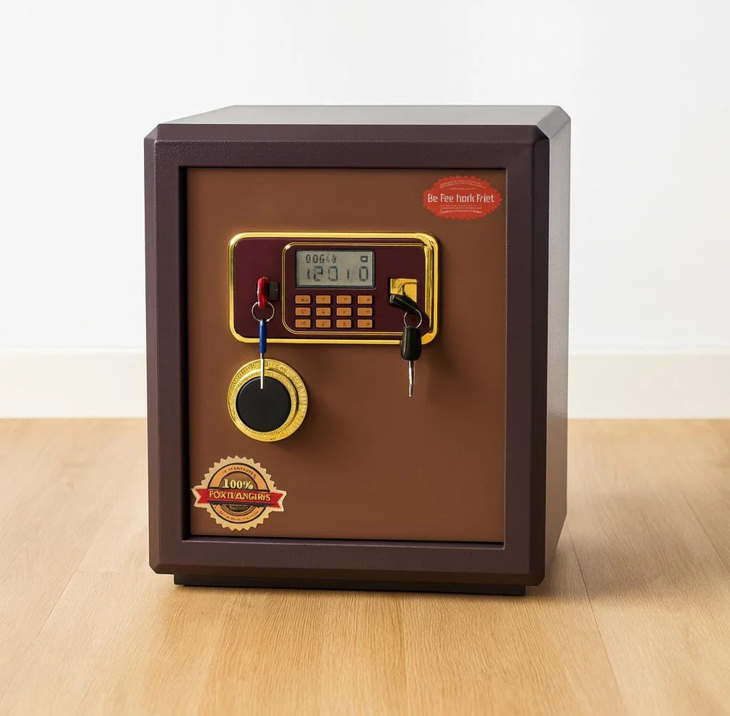 50kg fireproof safe with a heavy-duty dark brown steel casing, featuring a slightly open light brown door, an electronic digital keypad with an LCD display, a master key override lock, an emergency power key, and a gold-trimmed handle.