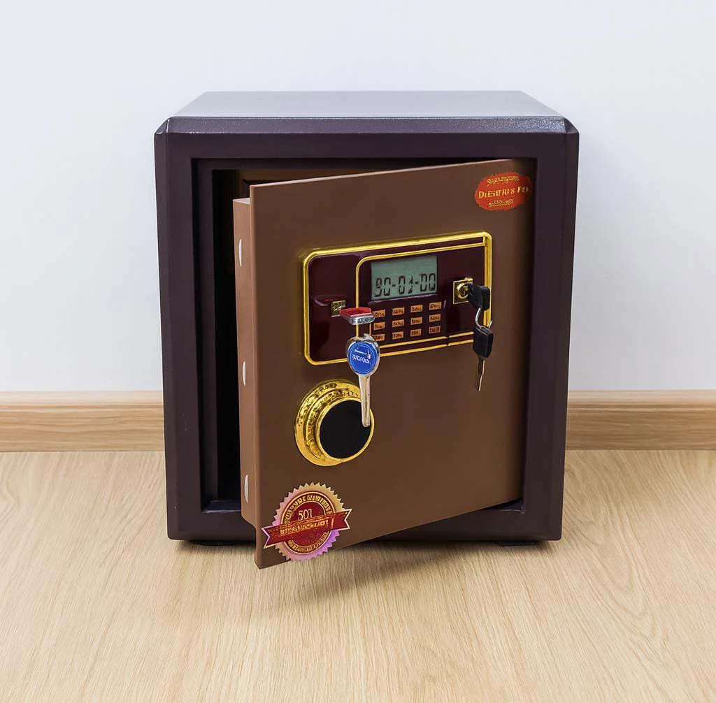 50kg fireproof safe with a heavy-duty dark brown steel casing, featuring a slightly open light brown door, an electronic digital keypad with an LCD display, a master key override lock, an emergency power key, and a gold-trimmed handle.