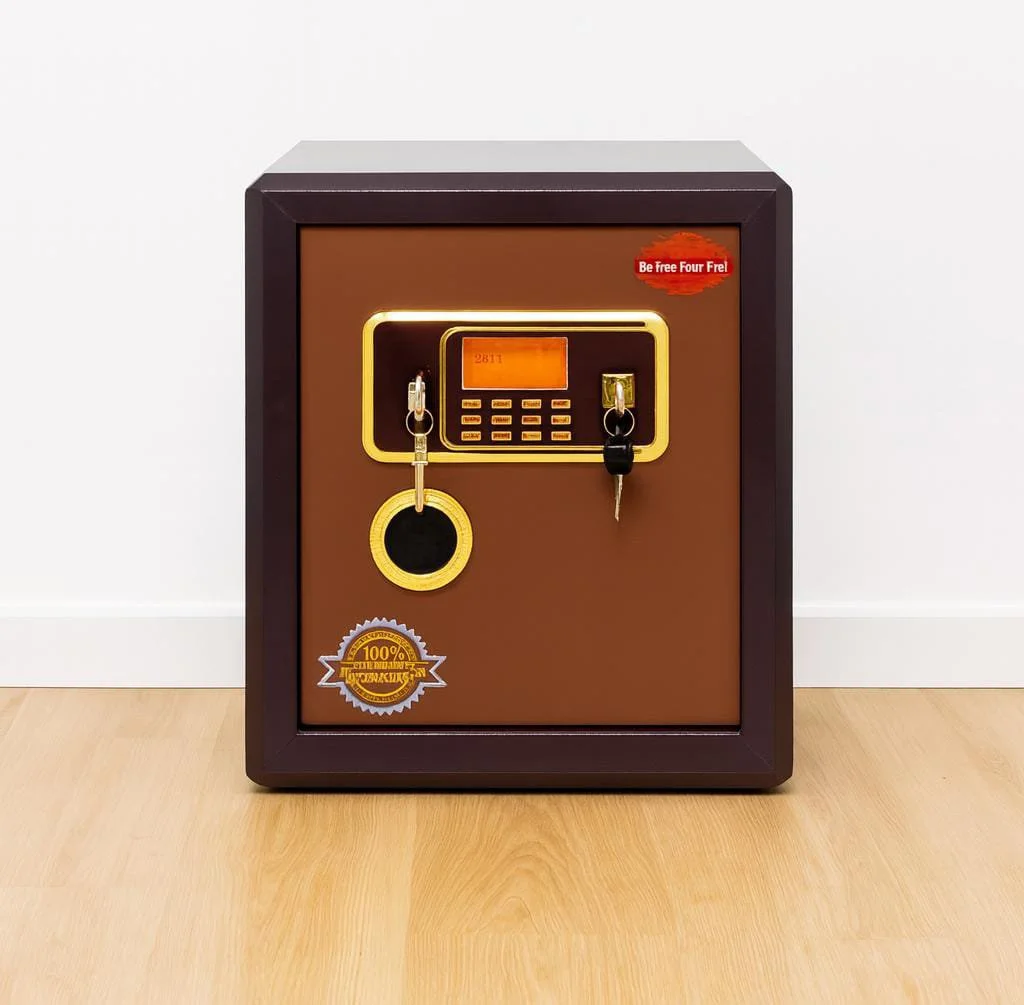 50kg fireproof safe with a heavy-duty dark brown steel casing, featuring a slightly open light brown door, an electronic digital keypad with an LCD display, a master key override lock, an emergency power key, and a gold-trimmed handle.