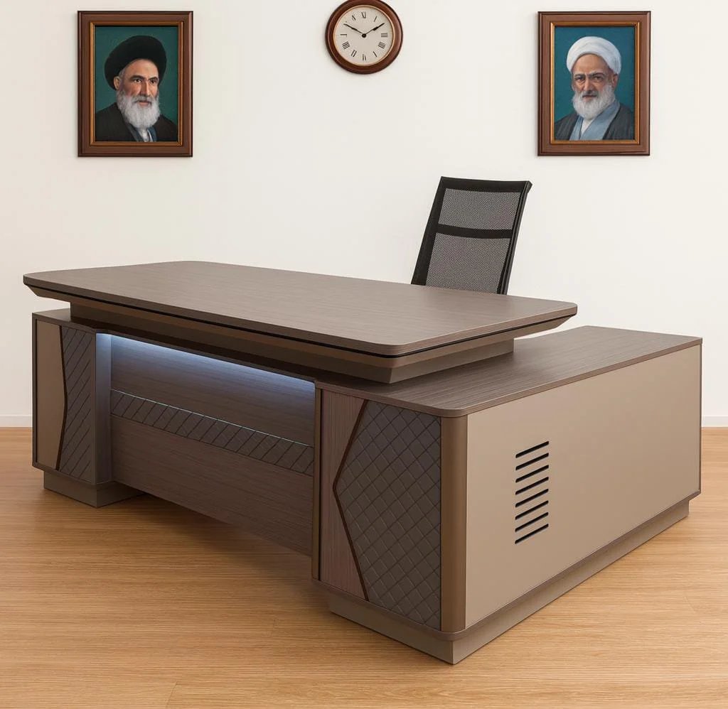 2.4m modern executive office desk with wood finish, integrated L-shaped return, and LED lighting.
