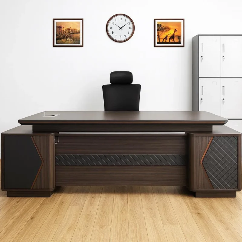 2.4m modern executive office desk with wood finish, integrated L-shaped return, and LED lighting.