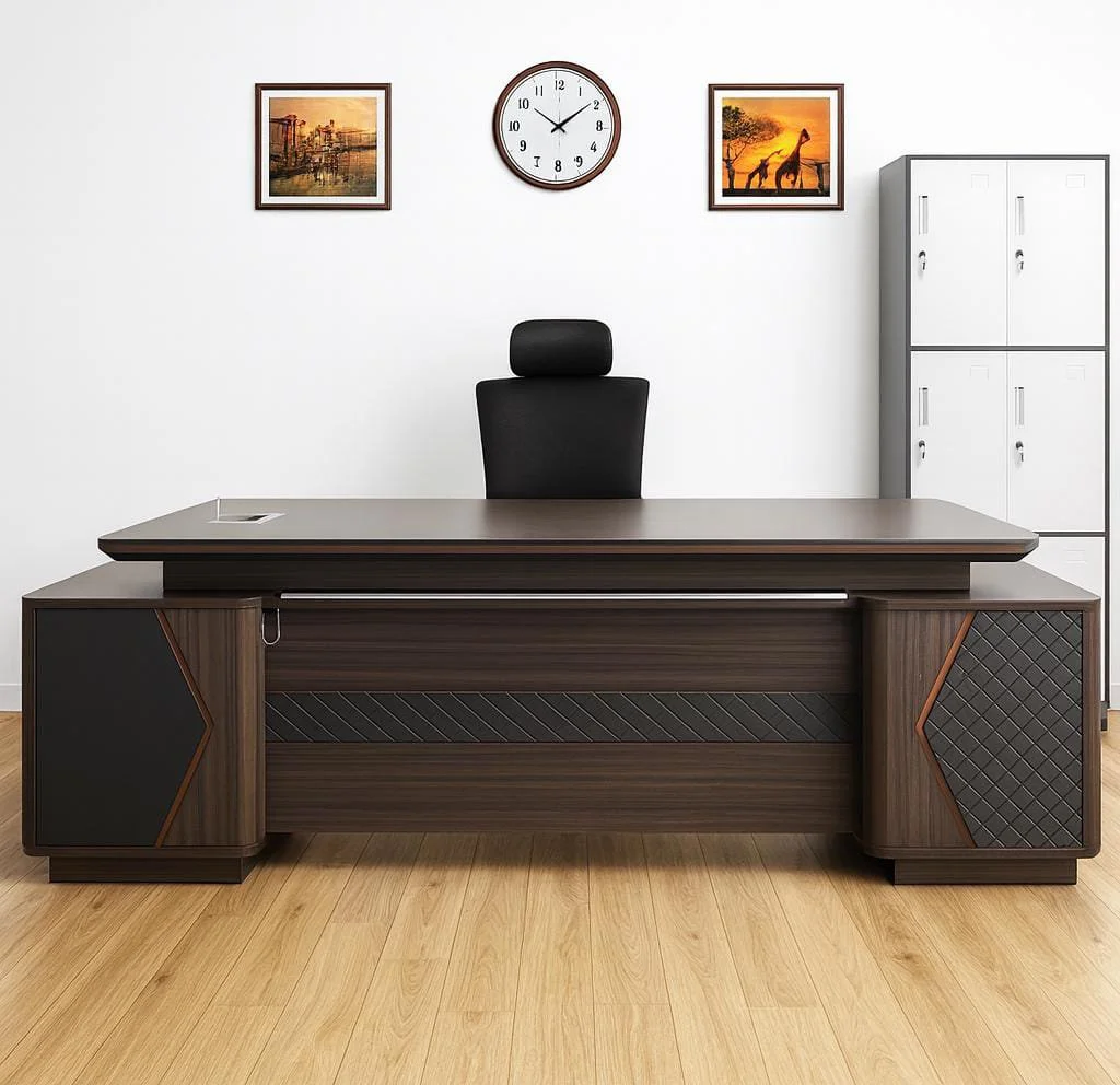 2.4m modern executive office desk with wood finish, integrated L-shaped return, and LED lighting.