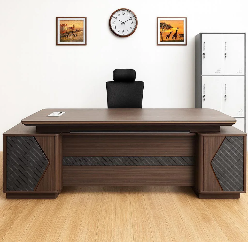 2.4m modern executive office desk with wood finish, integrated L-shaped return, and LED lighting.