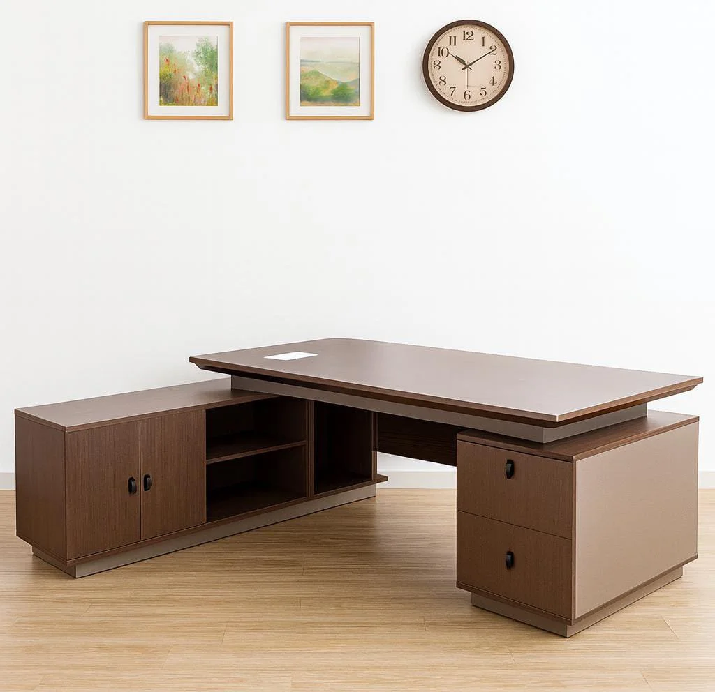 2.4m modern executive office desk with wood finish, integrated L-shaped return, and LED lighting.