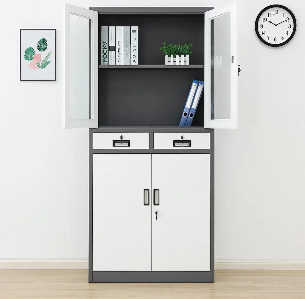 Locking metal office cabinet with upper glass doors, two central drawers, and white steel storage base.