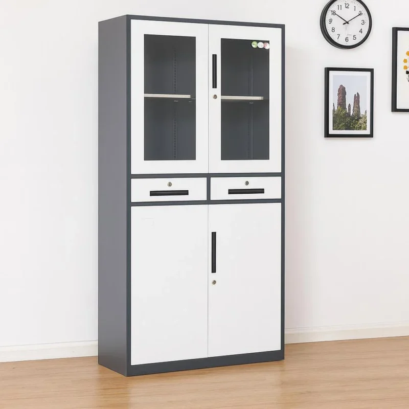 Locking metal office cabinet with upper glass doors, two central drawers, and white steel storage base.