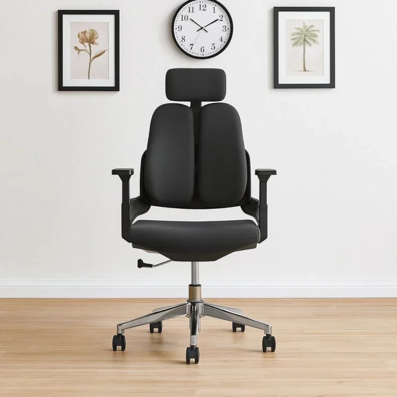 Black fabric orthopedic office chair featuring a dual-panel split backrest design, an adjustable contoured headrest, 3D adjustable armrests, a thick padded fabric seat, and a polished chrome star swivel base on wheels.
