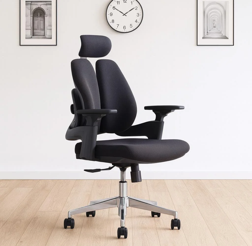 Black fabric orthopedic office chair featuring a dual-panel split backrest design, an adjustable contoured headrest, 3D adjustable armrests, a thick padded fabric seat, and a polished chrome star swivel base on wheels.