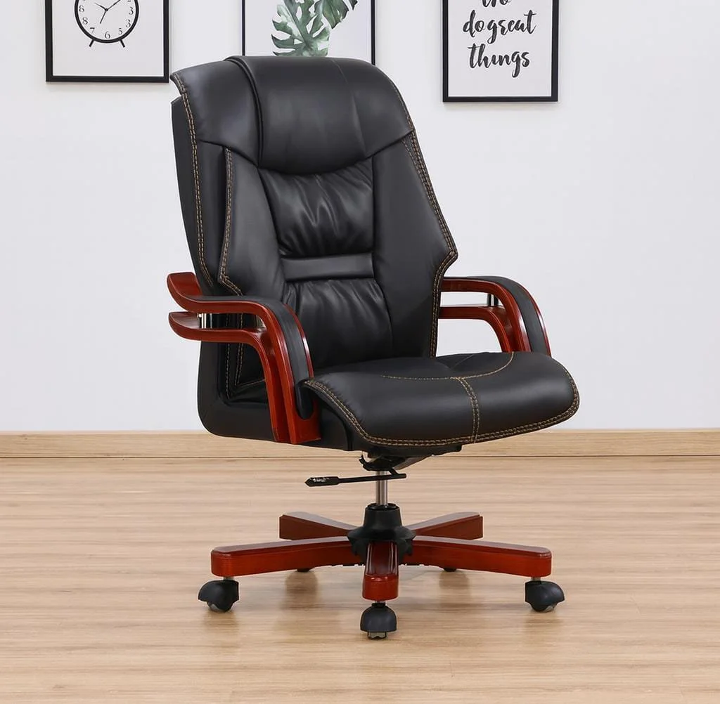 High back executive leather office chair with mahogany wood base and ergonomic padded headrest.