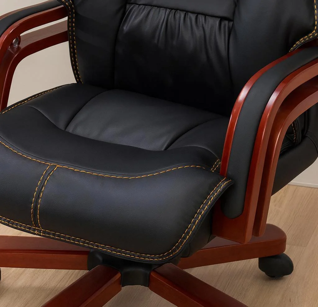 High back executive leather office chair with mahogany wood base and ergonomic padded headrest.