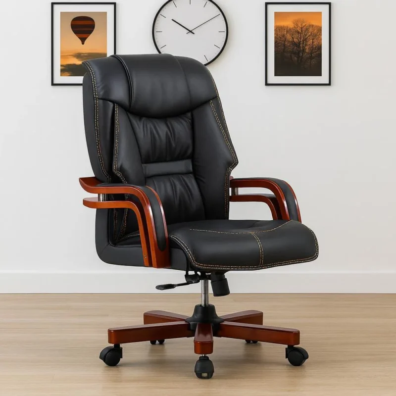 High back executive leather office chair with mahogany wood base and ergonomic padded headrest.