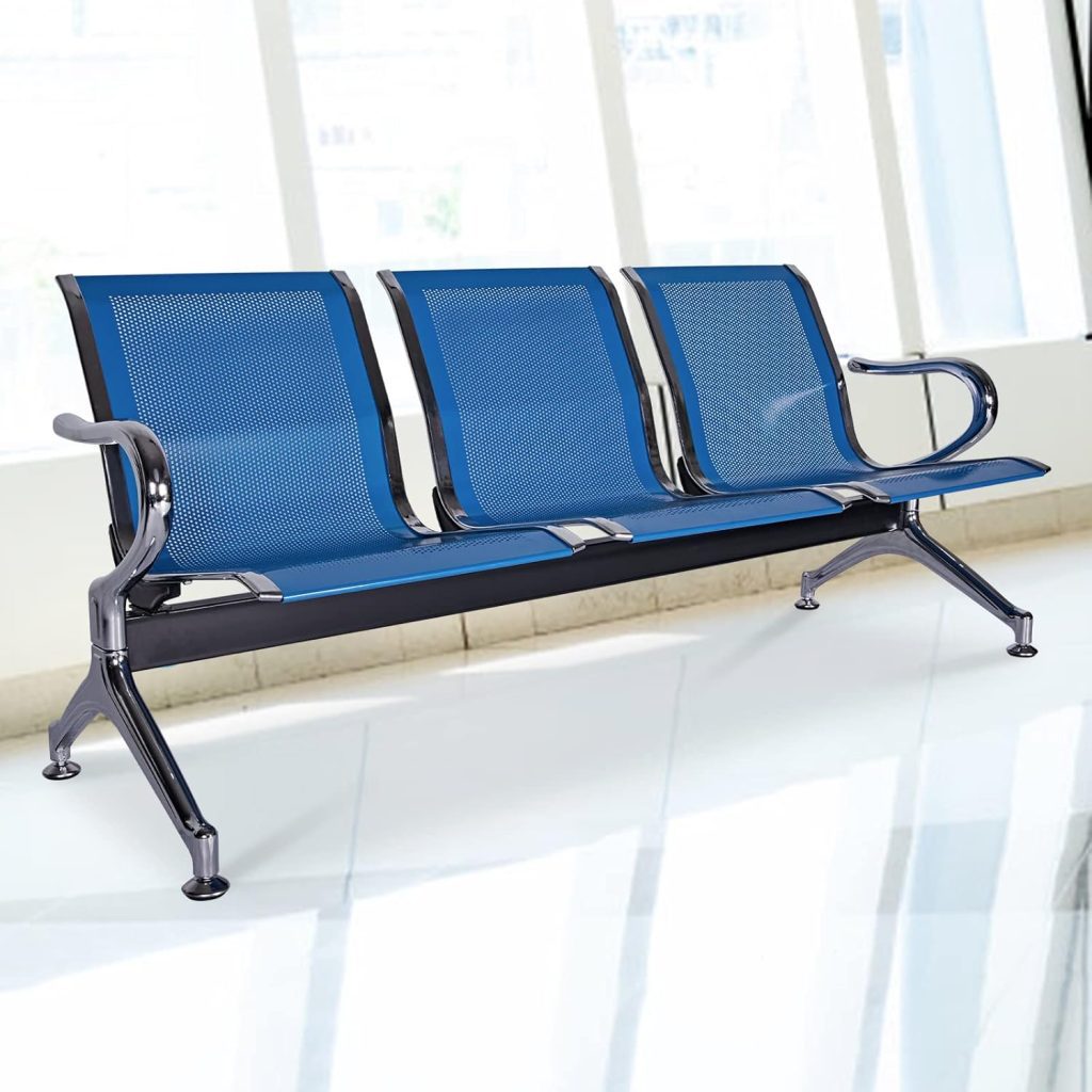 3-link blue waiting bench featuring three contoured seats made from perforated blue steel, accented by polished chrome borders, curved chrome armrests, a heavy-duty black steel support beam, and angled chrome legs with adjustable leveling feet.