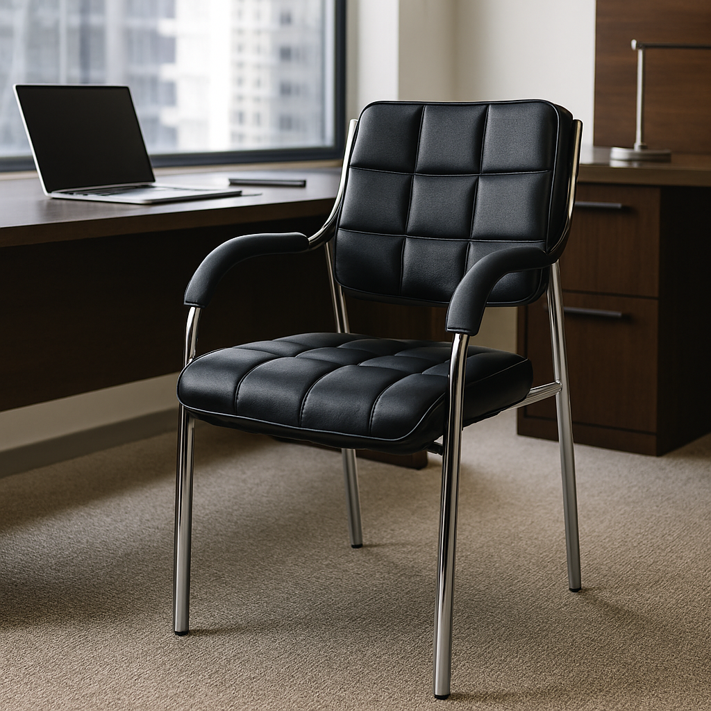 Stackable black leather visitor chair with chrome metal frame and padded armrests for office waiting areas.
