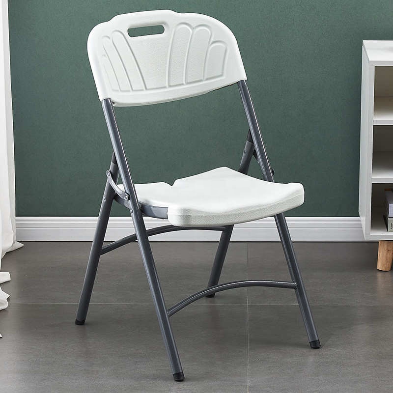 White foldable office chair featuring a contoured molded plastic backrest with a built-in handle, a textured white plastic seat, and a durable grey powder-coated steel folding frame.