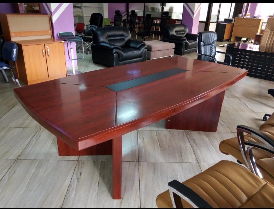 2.4m modern mahogany conference table with rectangular wood top, black cable management inlay, and slab base.