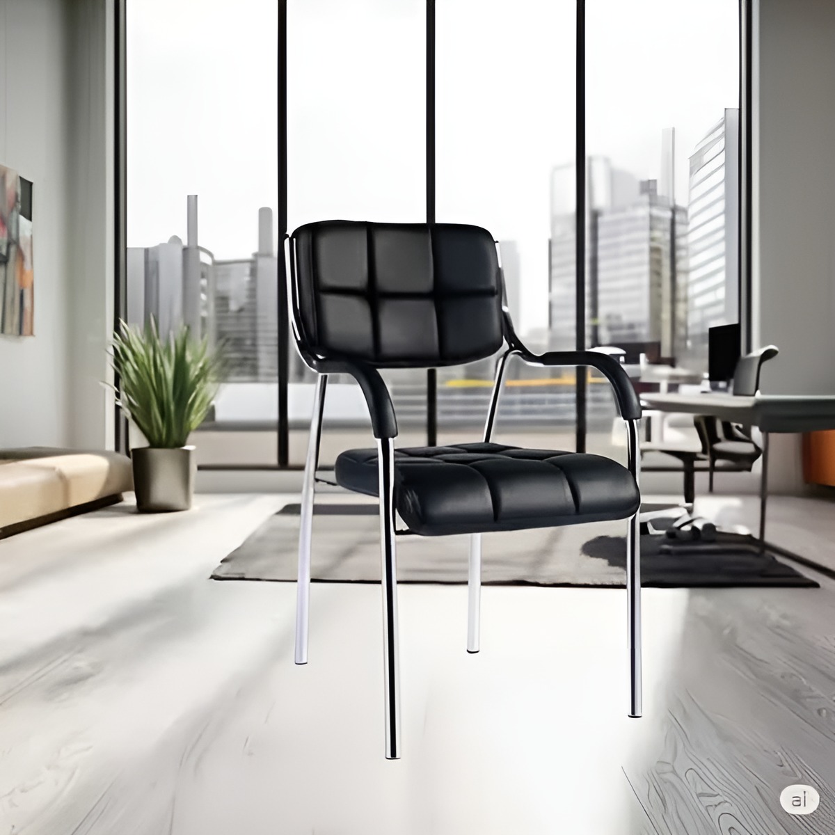 Stackable black leather visitor chair with chrome metal frame and padded armrests for office waiting areas.