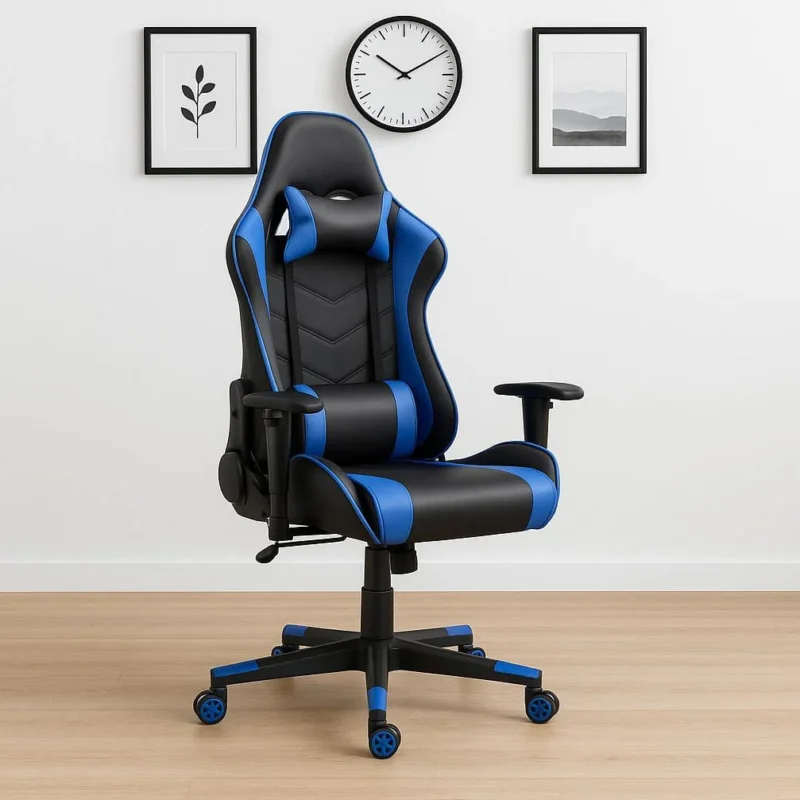Adjustable blue gaming chair in black and blue faux leather, featuring a high-back racing-style design, matching neck and lumbar support pillows, adjustable T-shaped armrests, a pneumatic lift lever, and a black star base with blue caster wheels.