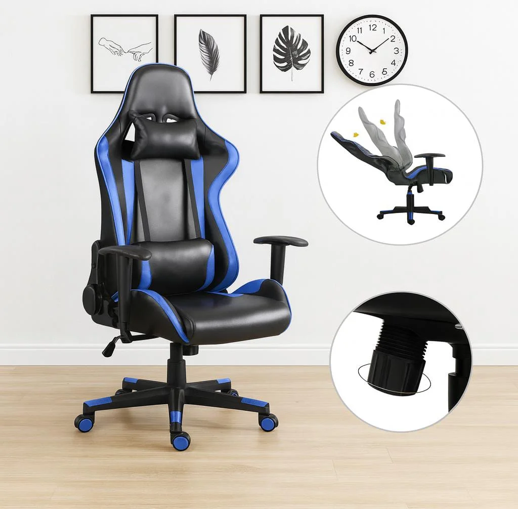 Adjustable blue gaming chair in black and blue faux leather, featuring a high-back racing-style design, matching neck and lumbar support pillows, adjustable T-shaped armrests, a pneumatic lift lever, and a black star base with blue caster wheels.