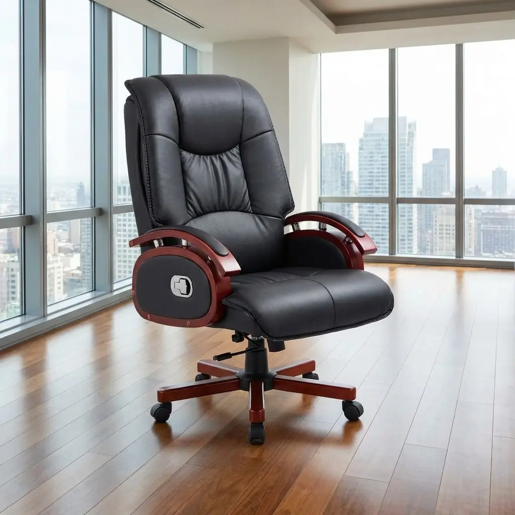 Luxury high-back executive chair in premium black leather with ornate wood accents and a matching mahogany-finish swivel base, set in a modern high-rise office.