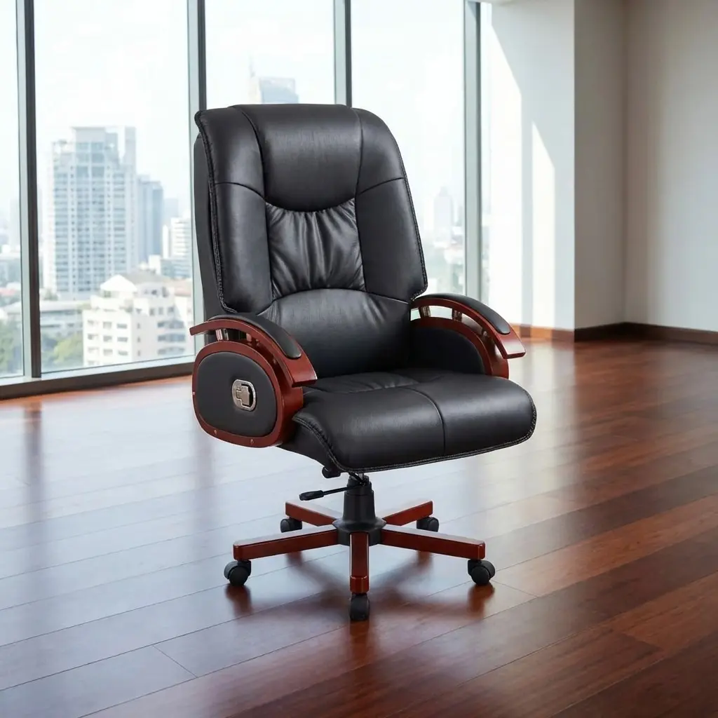 Luxury high-back executive chair in premium black leather with ornate wood accents and a matching mahogany-finish swivel base, set in a modern high-rise office.