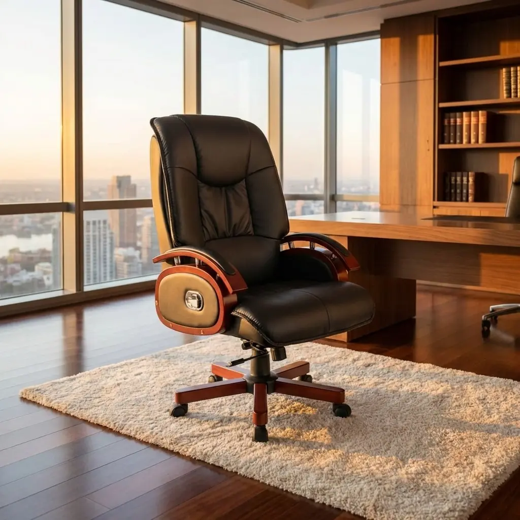Luxury high-back executive chair in premium black leather with ornate wood accents and a matching mahogany-finish swivel base, set in a modern high-rise office.