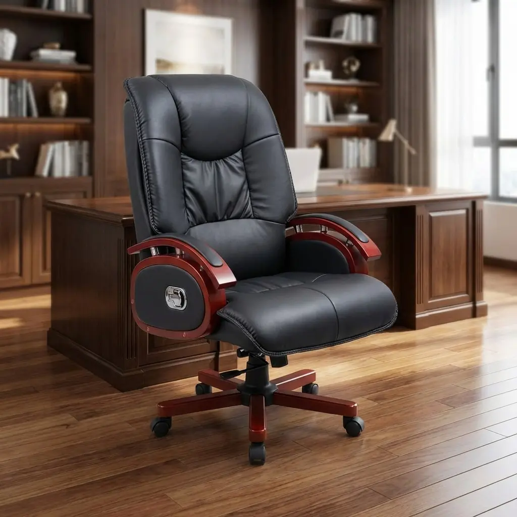 Luxury high-back executive chair in premium black leather with ornate wood accents and a matching mahogany-finish swivel base, set in a modern high-rise office.