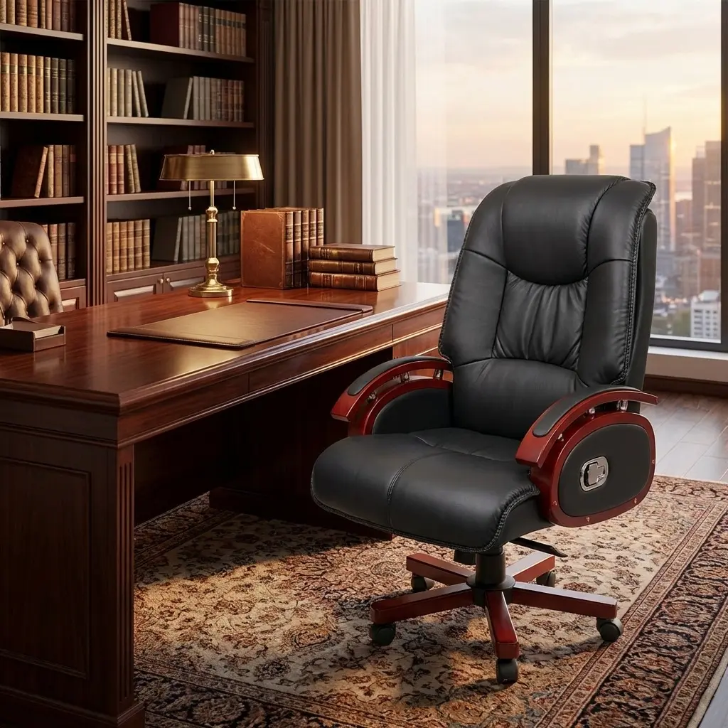 Luxury high-back executive chair in premium black leather with ornate wood accents and a matching mahogany-finish swivel base, set in a modern high-rise office.