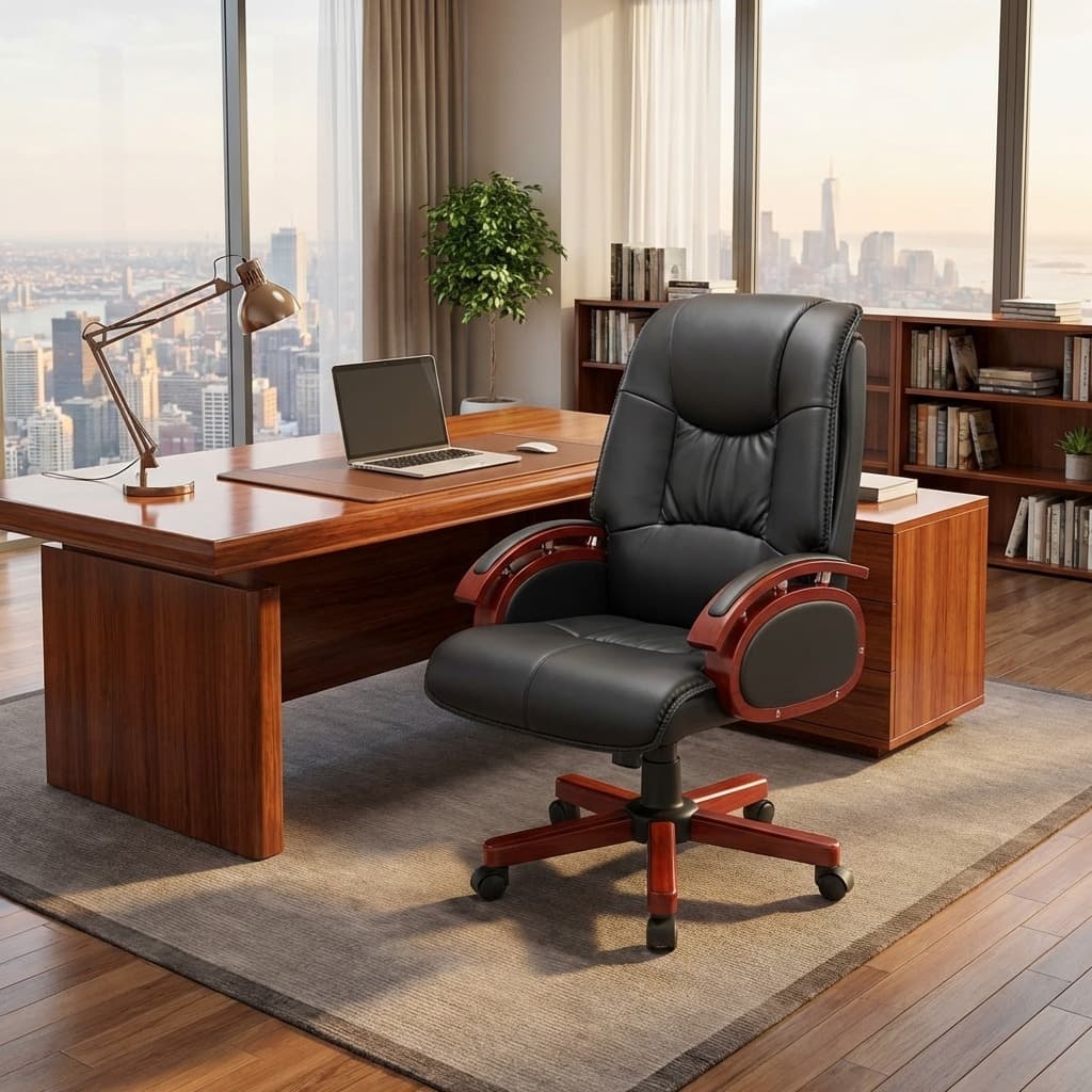 Luxury high-back executive chair in premium black leather with ornate wood accents and a matching mahogany-finish swivel base, set in a modern high-rise office.