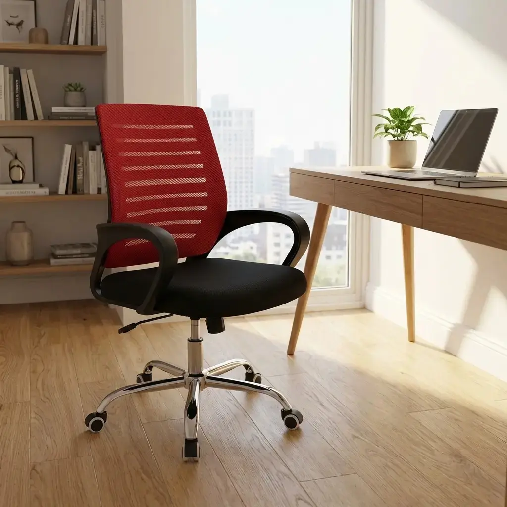 Ergonomic red mesh office chair with breathable backrest, black padded seat, and chrome swivel base, ideal for modern workspaces and home offices.
