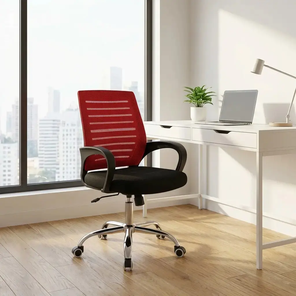 Ergonomic red mesh office chair with breathable backrest, black padded seat, and chrome swivel base, ideal for modern workspaces and home offices.