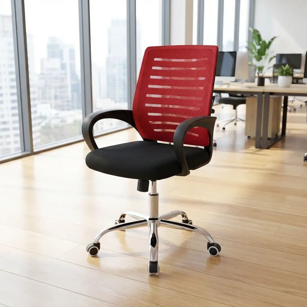 Ergonomic red mesh office chair with breathable backrest, black padded seat, and chrome swivel base, ideal for modern workspaces and home offices.