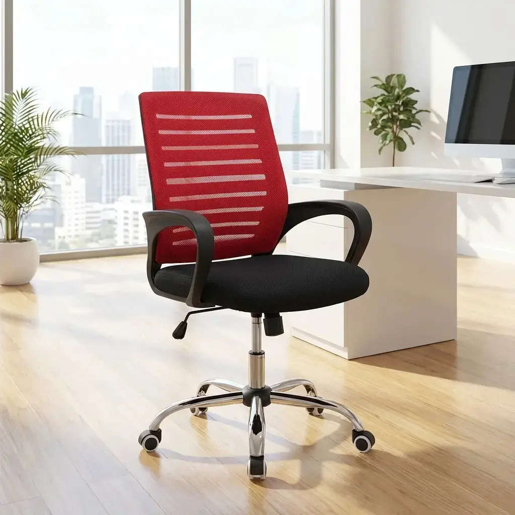 Ergonomic red mesh office chair with breathable backrest, black padded seat, and chrome swivel base, ideal for modern workspaces and home offices.