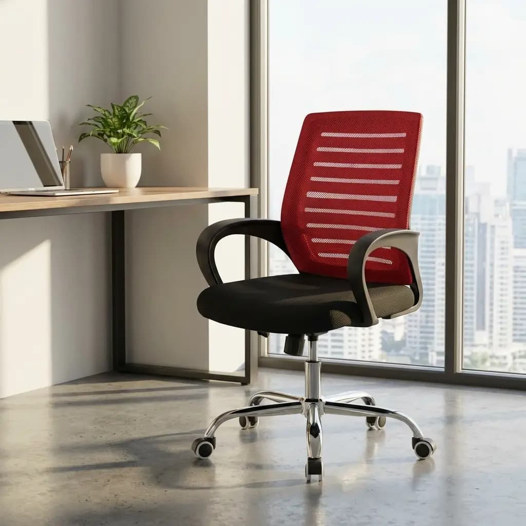 Ergonomic red mesh office chair with breathable backrest, black padded seat, and chrome swivel base, ideal for modern workspaces and home offices.