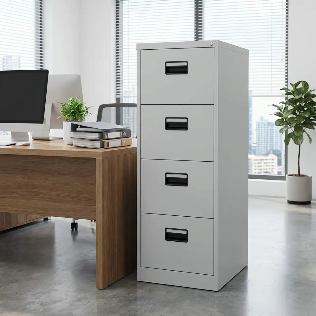 Industrial light grey 4-drawer metal filing cabinet with a central locking system and recessed black handles, positioned in a modern office next to a wooden desk.