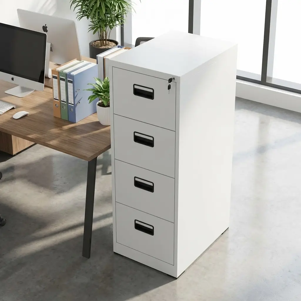 Industrial light grey 4-drawer metal filing cabinet with a central locking system and recessed black handles, positioned in a modern office next to a wooden desk.
