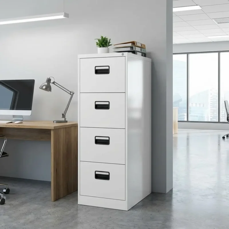 Industrial light grey 4-drawer metal filing cabinet with a central locking system and recessed black handles, positioned in a modern office next to a wooden desk.