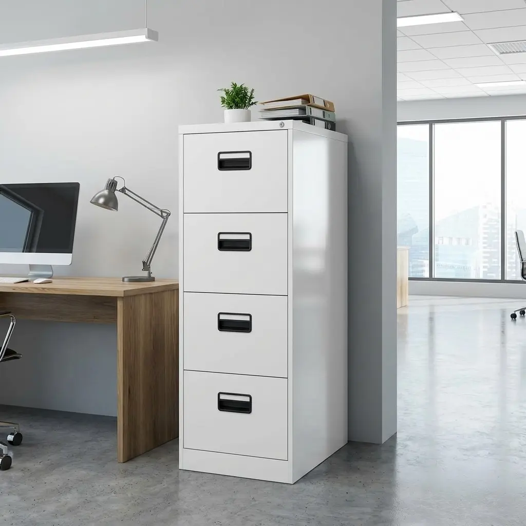 Industrial light grey 4-drawer metal filing cabinet with a central locking system and recessed black handles, positioned in a modern office next to a wooden desk.